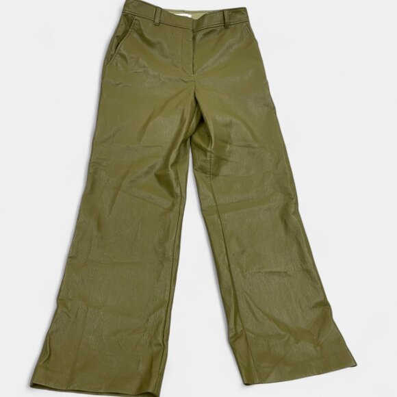 Babaton Aritzia Olive Green Faux Vegan Leather Straight Pants Trousers Women's 6 - Picture 1 of 13